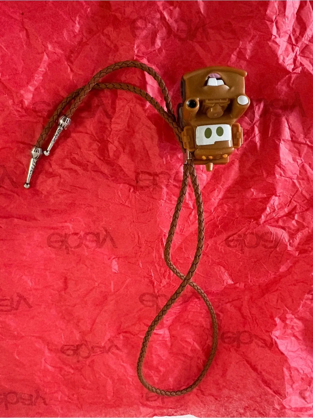 Brown Braided Leather Bolo Tie with Cartoon Truck Slide Tow Mater